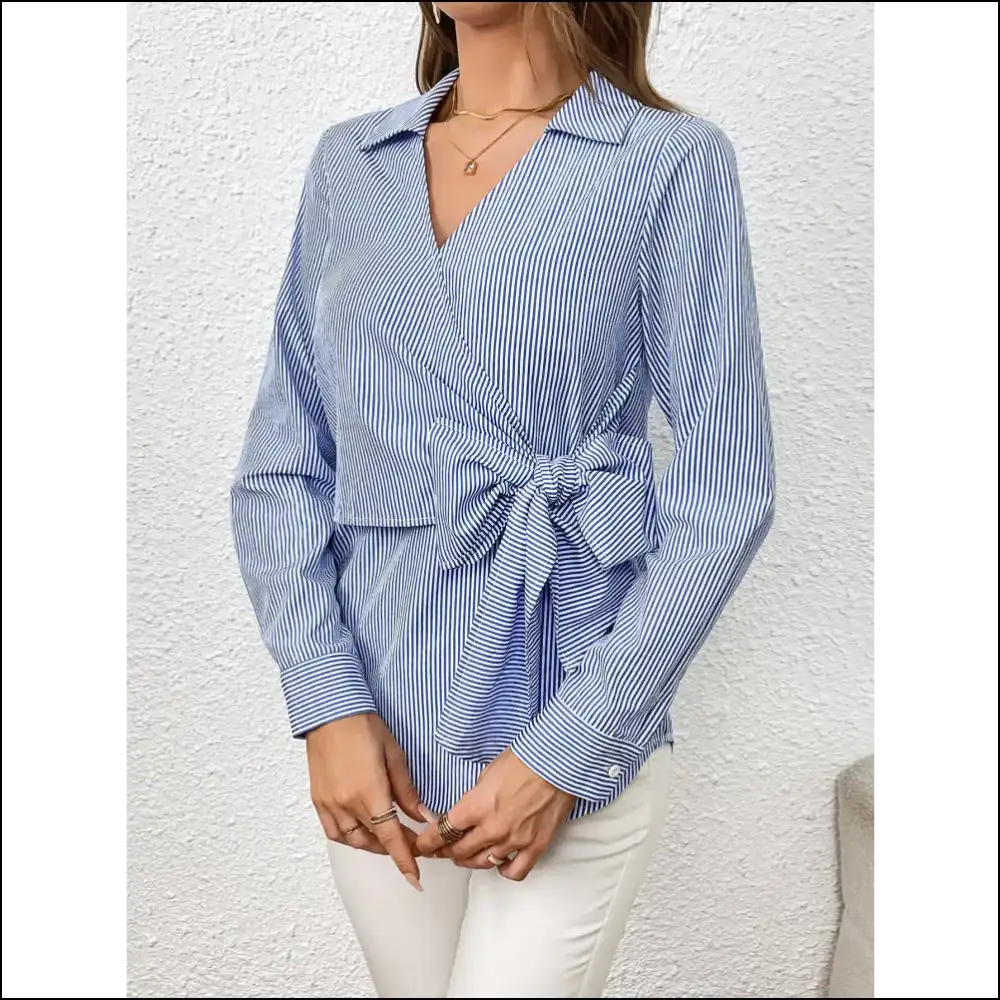 Ivy Lane Striped Bow Tie Blouse - Sky Blue / Xl - Blouses on Sale Worldwide Shipping
