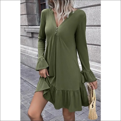 Ivy Lane V-neck Flounce Sleeve Ruffle Hem Mini Dress - Green / Xl - Dresses on Sale Worldwide Shipping