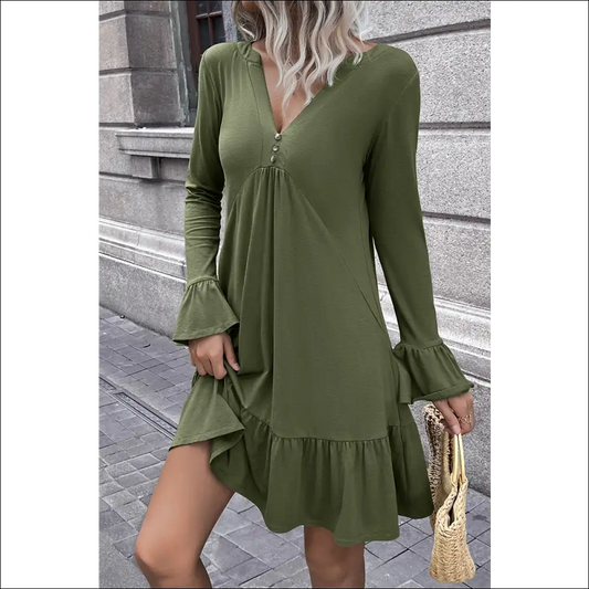 Ivy Lane V-neck Flounce Sleeve Ruffle Hem Mini Dress - Green / Xl - Dresses on Sale Worldwide Shipping