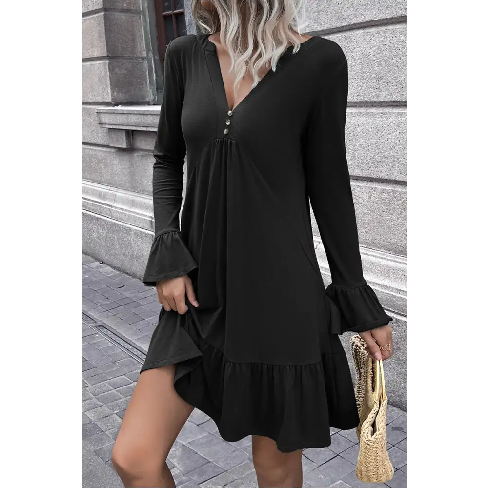 Ivy Lane V-neck Flounce Sleeve Ruffle Hem Mini Dress - Black / Xl - Dresses on Sale Worldwide Shipping