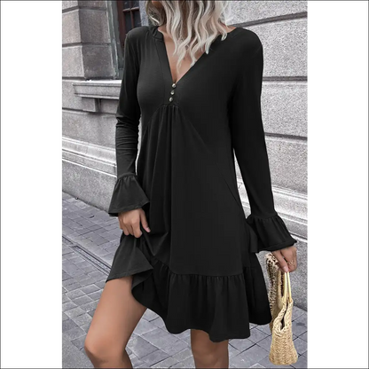 Ivy Lane V-neck Flounce Sleeve Ruffle Hem Mini Dress - Black / Xl - Dresses on Sale Worldwide Shipping
