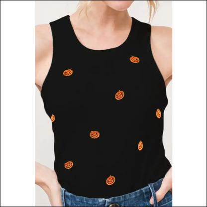 Jack O’ Lantern Embroidered Ribbed Tank - Tops on Sale Worldwide Shipping