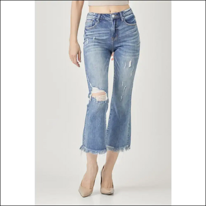 Jean-ius Style Upgrade: Risen High Waist Distressed Cropped Bootcut 🎉 - Dark / Jeans on Sale Worldwide Shipping