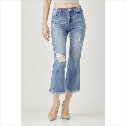 Jean-ius Style Upgrade: Risen High Waist Distressed Cropped Bootcut 🎉 - Dark / Jeans on Sale Worldwide Shipping
