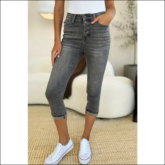 Judy Blue High Waist Button Fly Capris: for when Confidence Gets Cuffed! 😎 - Gray / 5(27) - Jeans on Sale Worldwide Shipping