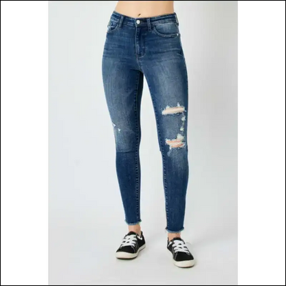 Judy Blue High Waist Jeans: your New Best Friend in Distressed Fashion! 💙👖 - Dark / 20w - Jeans on Sale Worldwide Shipping