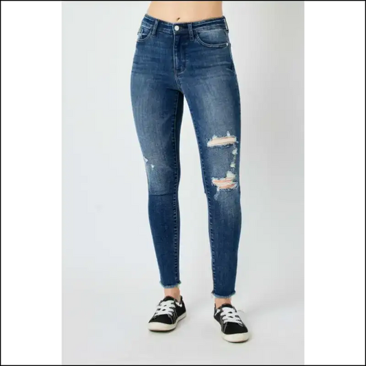 Judy Blue High Waist Jeans: your New Best Friend in Distressed Fashion! 💙👖 - Dark / 20w - Jeans on Sale Worldwide Shipping