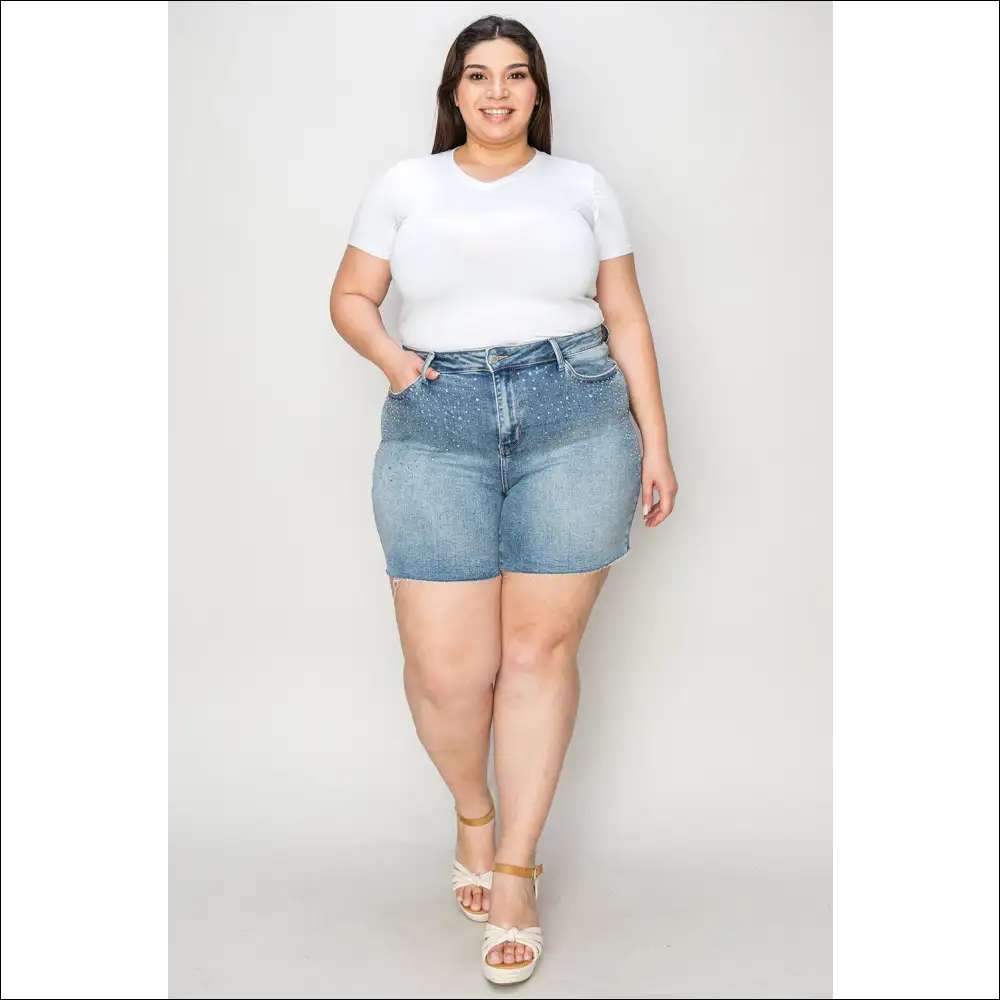 Judy Blue High Waist Rhinestone Decor Denim Shorts - Light / m - on Sale Worldwide Shipping