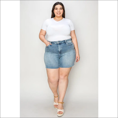 Judy Blue High Waist Rhinestone Decor Denim Shorts - Light / m - on Sale Worldwide Shipping
