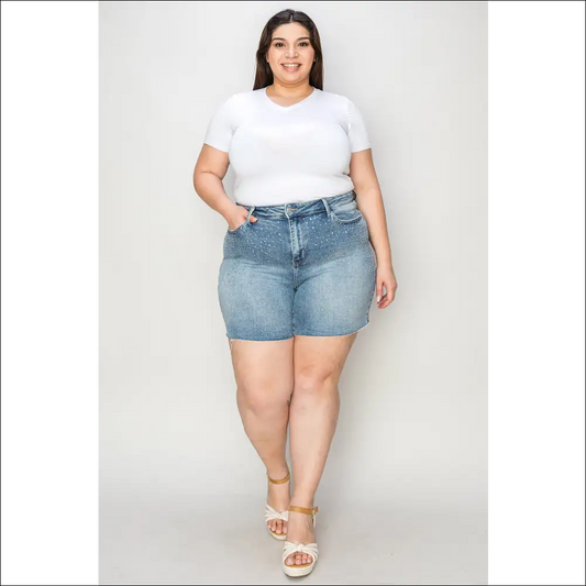 Judy Blue High Waist Rhinestone Decor Denim Shorts - Light / m - on Sale Worldwide Shipping