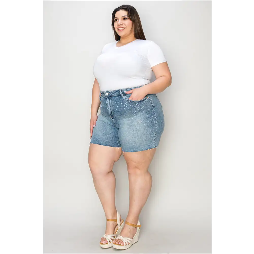 Judy Blue High Waist Rhinestone Decor Denim Shorts - on Sale Worldwide Shipping