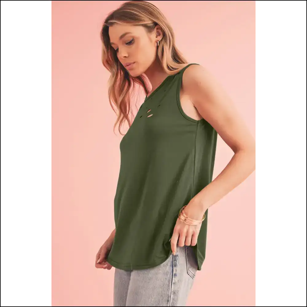 Jungle Green: Needful Things Distressed Ripped Tank Top 💀 - Tops on Sale Worldwide Shipping