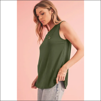 Jungle Green: Needful Things Distressed Ripped Tank Top 💀 - Tops on Sale Worldwide Shipping