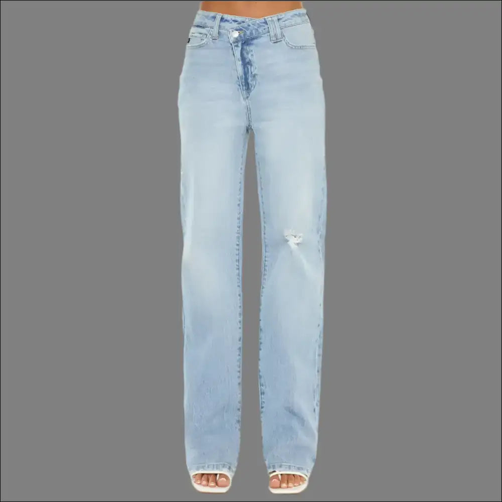 Kancan Distressed High Waist Straight Jeans: your New Bff for Strutting! - Light Blue / 5 - Jeans on Sale Worldwide Shipping