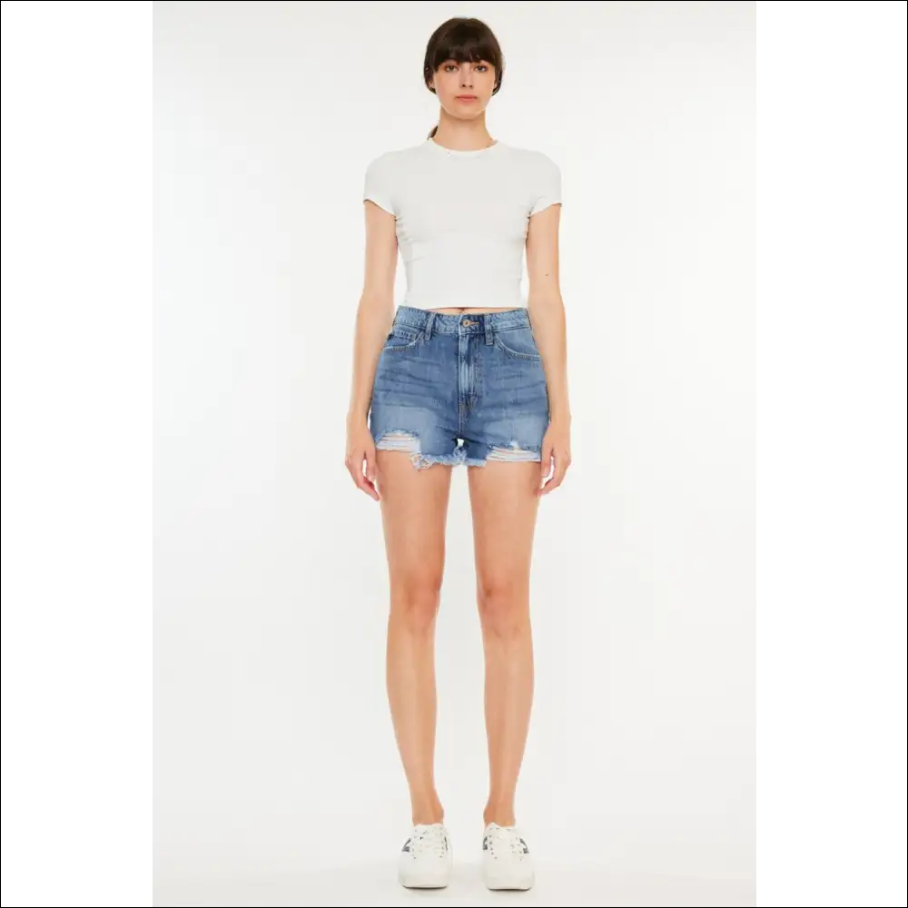 Kancan Distressed Raw Hem High Waist Denim Shorts - on Sale Worldwide Shipping