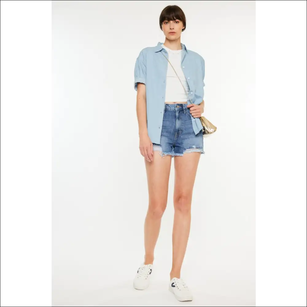 Kancan Distressed Raw Hem High Waist Denim Shorts - on Sale Worldwide Shipping