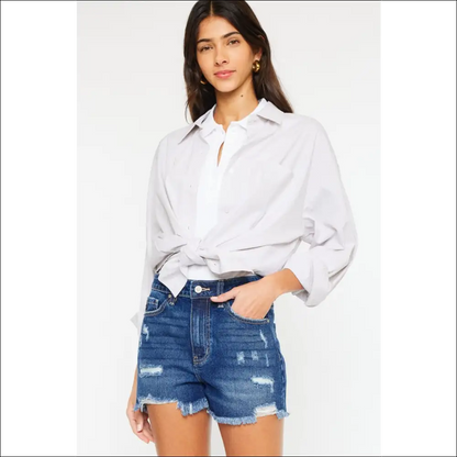 Kancan High Rise Frayed Hem Denim Shorts - Dark / s - on Sale Worldwide Shipping