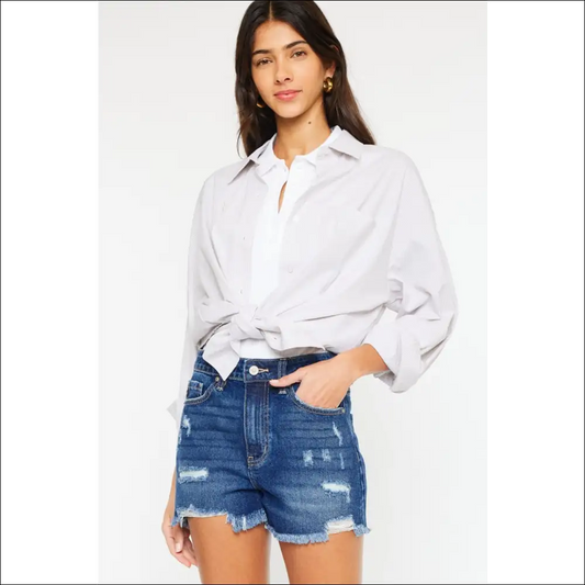 Kancan High Rise Frayed Hem Denim Shorts - Dark / s - on Sale Worldwide Shipping