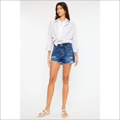 Kancan High Rise Frayed Hem Denim Shorts - on Sale Worldwide Shipping