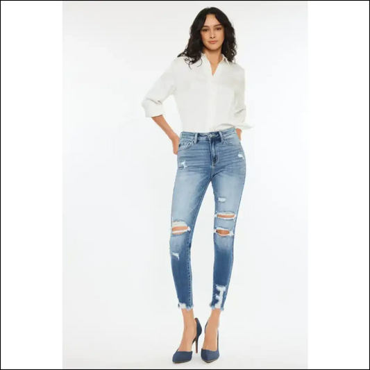 Kancan High Rise Frayed: your Jeans’ Answer to Prayer & Dance Moves 💃👖 - Blue / 25 - Jeans on Sale Worldwide Shipping