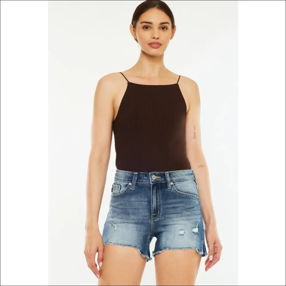Kancan High Waist Raw Hem Denim Shorts - Dark / m - on Sale Worldwide Shipping
