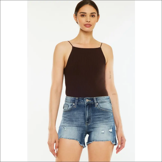 Kancan High Waist Raw Hem Denim Shorts - Dark / m - on Sale Worldwide Shipping