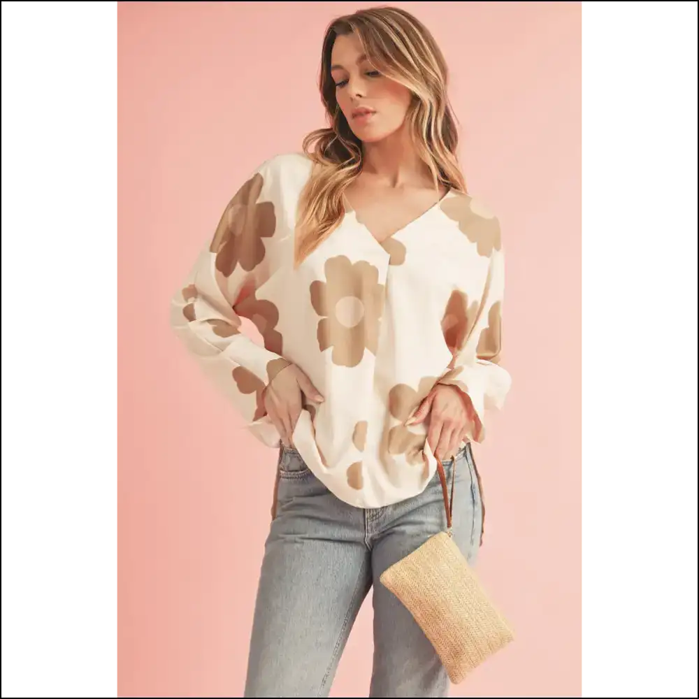 Khaki 60s Flower Power Blouse your Curves will Thank - Blouses on Sale Worldwide Shipping