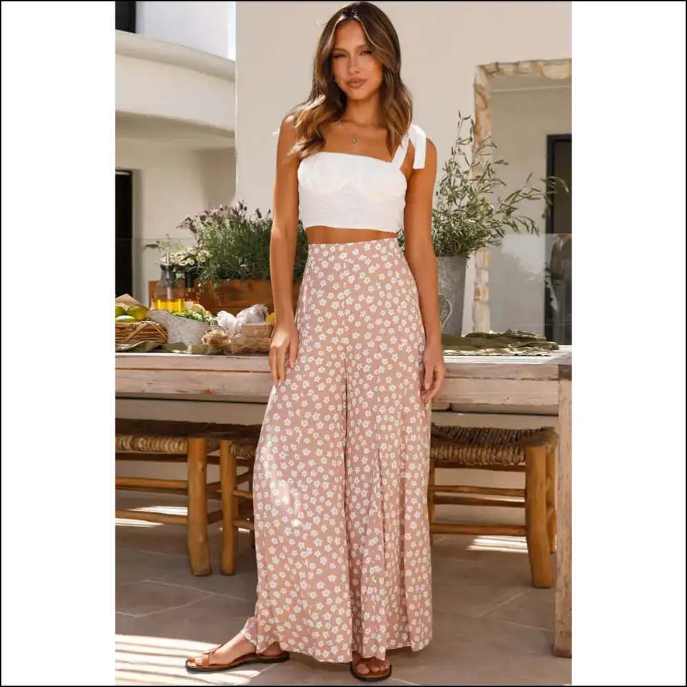 Khaki Boho Floral Pants: Wide Legs Sunshine Ready! 🌼 Needful Things - Pants on Sale Worldwide Shipping