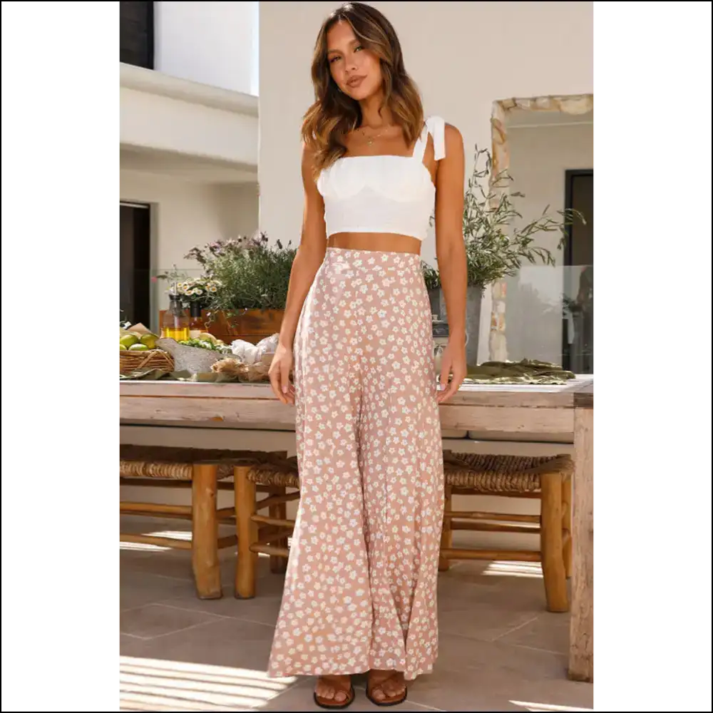 Khaki Boho Floral Pants: Wide Legs Sunshine Ready! 🌼 Needful Things - Pants on Sale Worldwide Shipping