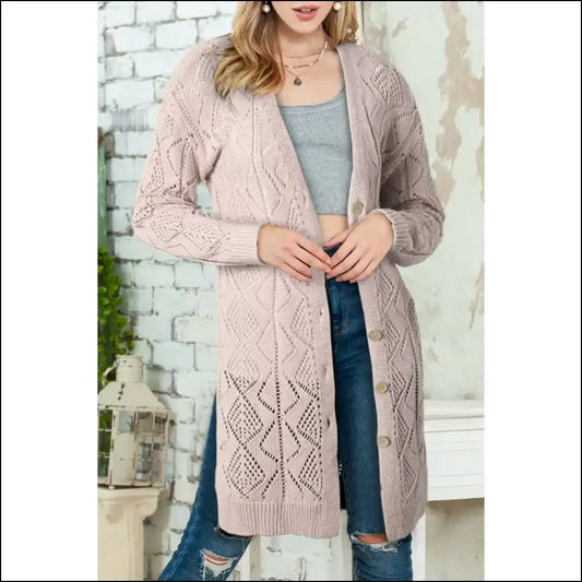 Khaki Button-up Hollow out Long Cardigan It’s Practically Therapy - s - Cardigans on Sale Worldwide Shipping
