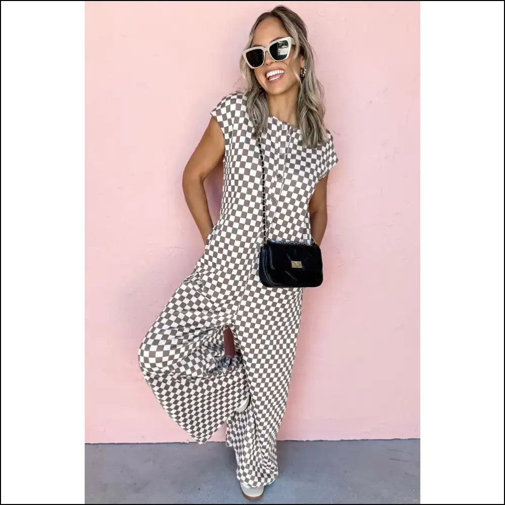 Khaki Checkered Jumpsuit: your Buttoned Crew Neck Style Bff from Needful Things! 😜 - Jumpsuits & Rompers on Sale Worldwide Shipping