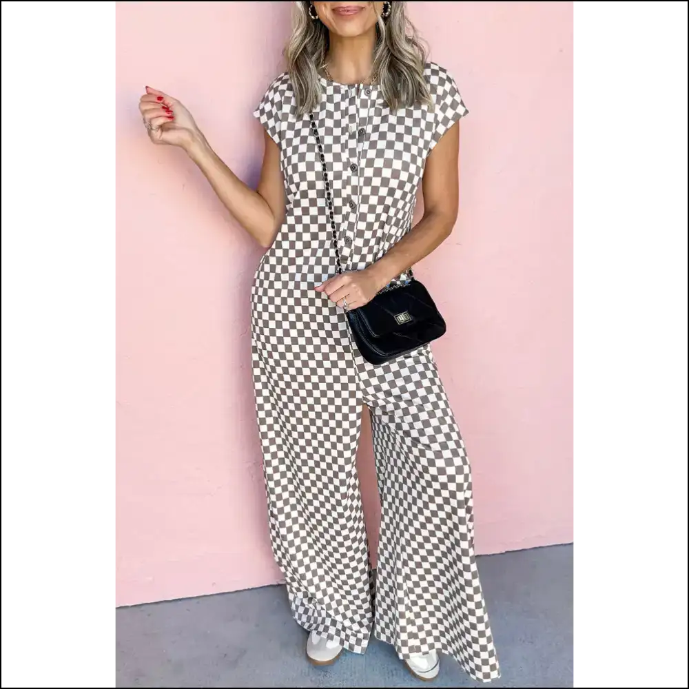 Khaki Checkered Jumpsuit: your Buttoned Crew Neck Style Bff from Needful Things! 😜 - s - Jumpsuits & Rompers on Sale Worldwide Shipping