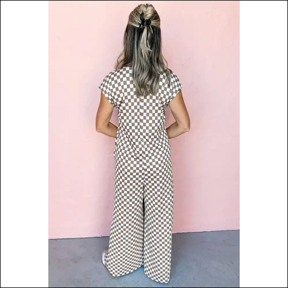 Khaki Checkered Jumpsuit: your Buttoned Crew Neck Style Bff from Needful Things! 😜 - Jumpsuits & Rompers on Sale Worldwide Shipping