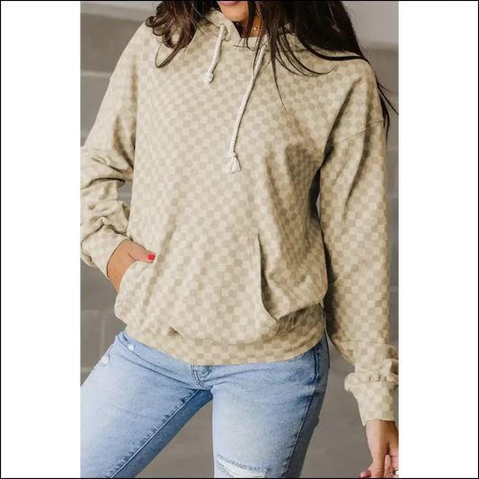 Khaki Checkered Kangaroo Pocket Hoodie: Drip or Die Trying Needful Things 💀 - s - Sweatshirts & Hoodies on Sale Worldwide Shipping
