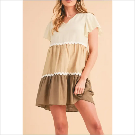 Khaki Colorblock Flutter Sleeve: Dress Like you Own the Bank 🤑 Needful Things - s - Short Dresses on Sale Worldwide Shipping