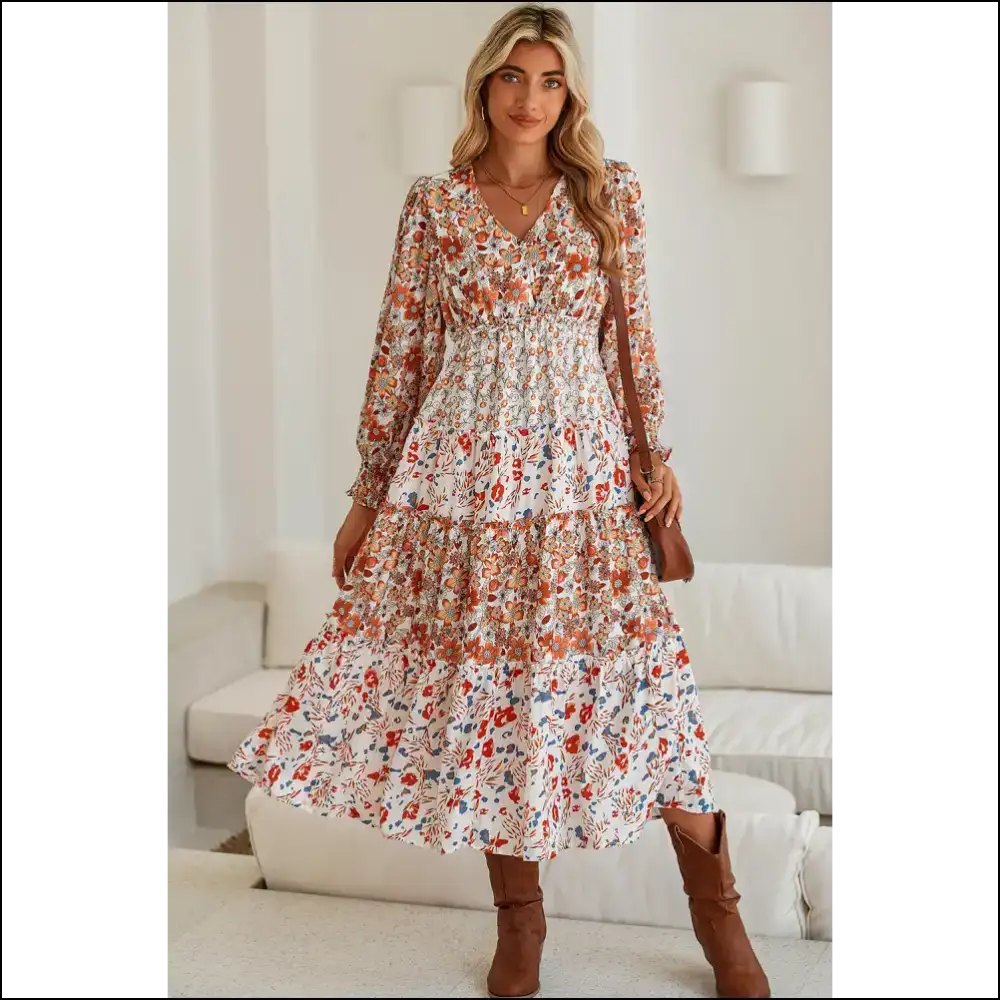Khaki Floral Print Dress: Queen no Crown Needed 👑 - s - Midi Dresses on Sale Worldwide Shipping