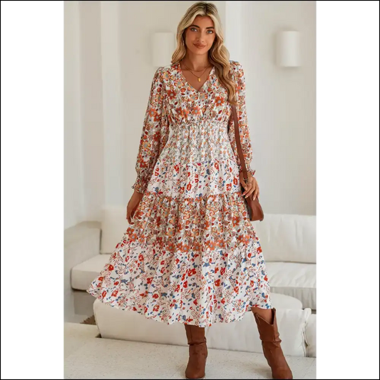 Khaki Floral Print Dress: Queen no Crown Needed 👑 - s - Midi Dresses on Sale Worldwide Shipping