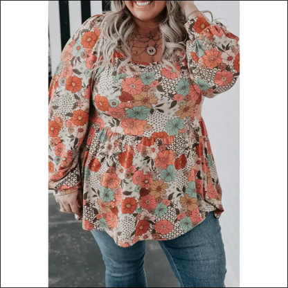 Khaki Floral Print Peplum Blouse: Finally a Top that Fits my Sass! 🌸 Needful Things - 1x - Plus Size Tops on Sale Worldwide Shipping