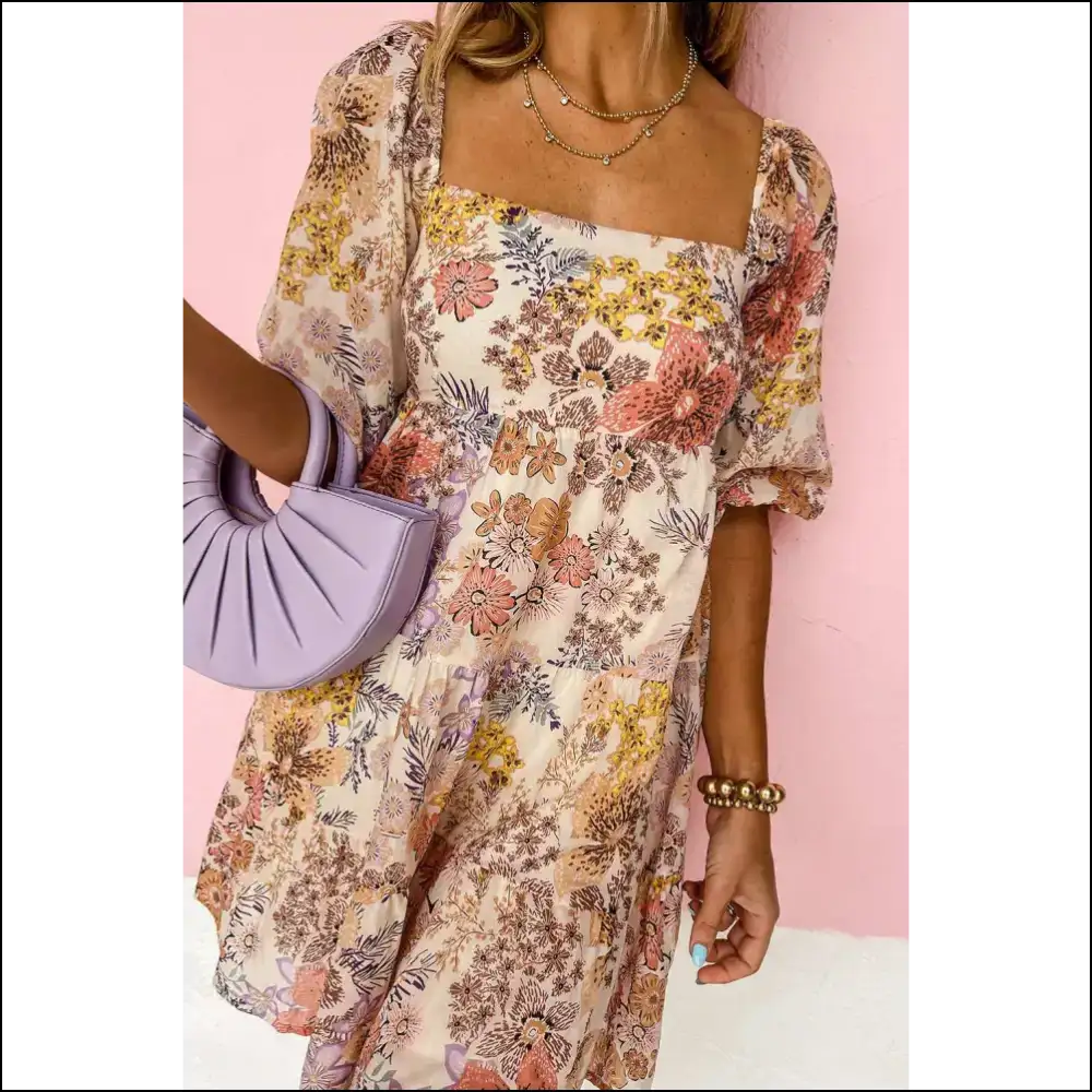 Khaki Floral Puff Sleeve Mini Dress: Dress Die Happy 💀🌸 Needful Things - s - Short Dresses on Sale Worldwide Shipping