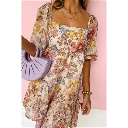 Khaki Floral Puff Sleeve Mini Dress: Dress Die Happy 💀🌸 Needful Things - s - Short Dresses on Sale Worldwide Shipping
