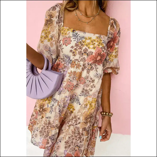 Khaki Floral Puff Sleeve Mini Dress: Dress Die Happy 💀🌸 Needful Things - s - Short Dresses on Sale Worldwide Shipping
