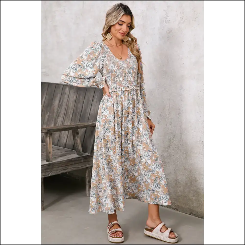 Khaki Floral Smocked Maxi Dress: Goddess (but Make it Khaki) 🌻 - Dresses on Sale Worldwide Shipping