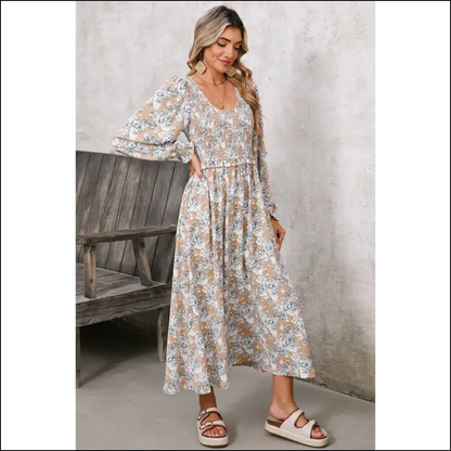 Khaki Floral Smocked Maxi Dress: Goddess (but Make it Khaki) 🌻 - Dresses on Sale Worldwide Shipping