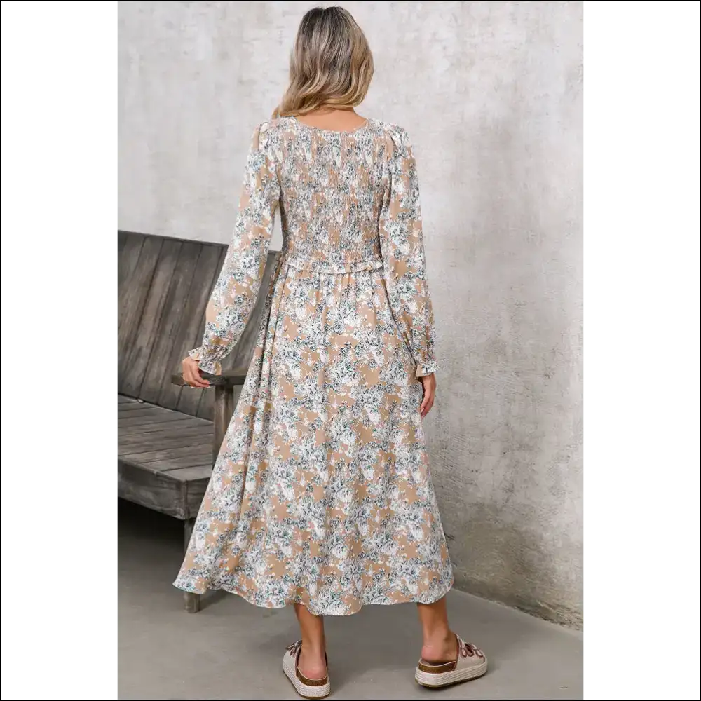 Khaki Floral Smocked Maxi Dress: Goddess (but Make it Khaki) 🌻 - Dresses on Sale Worldwide Shipping