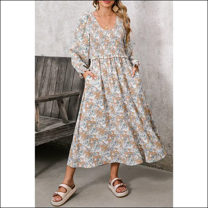 Khaki Floral Smocked Maxi Dress: Goddess (but Make it Khaki) 🌻 - s - Dresses on Sale Worldwide Shipping