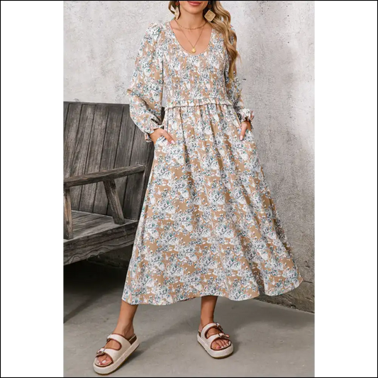 Khaki Floral Smocked Maxi Dress: Goddess (but Make it Khaki) 🌻 - s - Dresses on Sale Worldwide Shipping