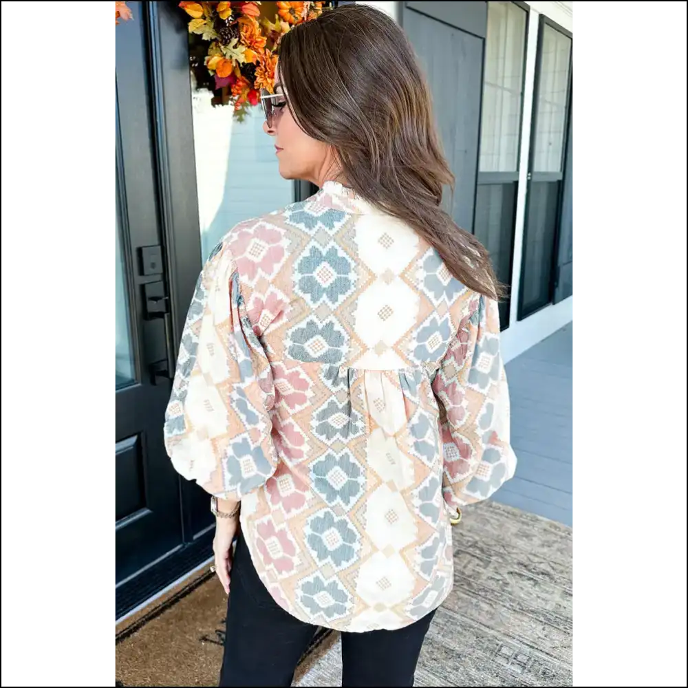 Khaki Geometric Print: Blouse so Good It’s Practically Magic ✨ - Blouses on Sale Worldwide Shipping