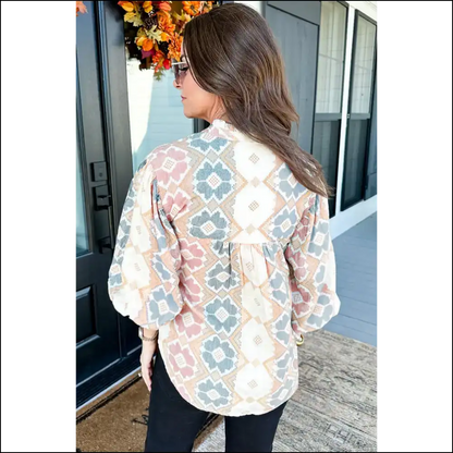 Khaki Geometric Print: Blouse so Good It’s Practically Magic ✨ - Blouses on Sale Worldwide Shipping