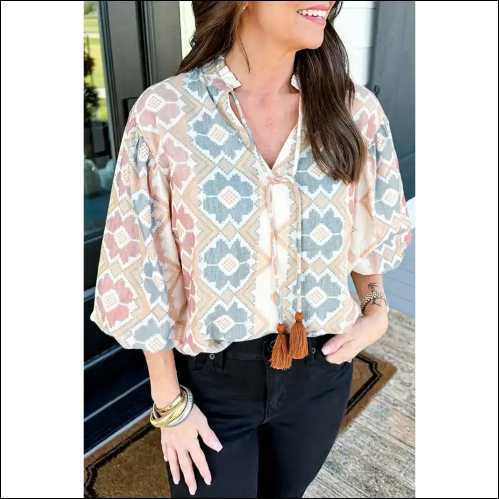 Khaki Geometric Print: Blouse so Good It’s Practically Magic ✨ - s - Blouses on Sale Worldwide Shipping