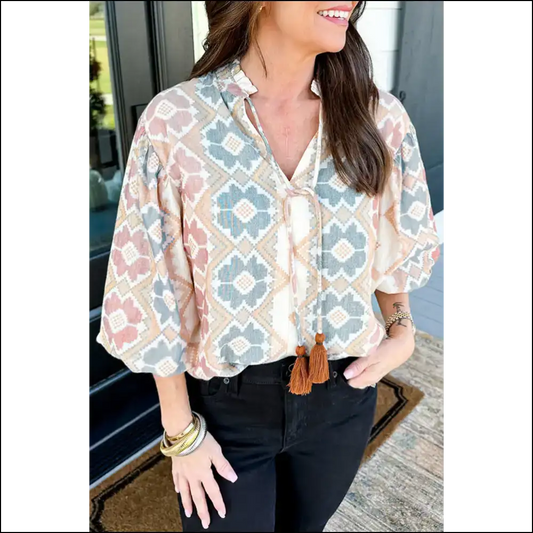 Khaki Geometric Print: Blouse so Good It’s Practically Magic ✨ - s - Blouses on Sale Worldwide Shipping